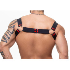 Harness Elástico Preto com Argolas e Detalhes em Vermelho